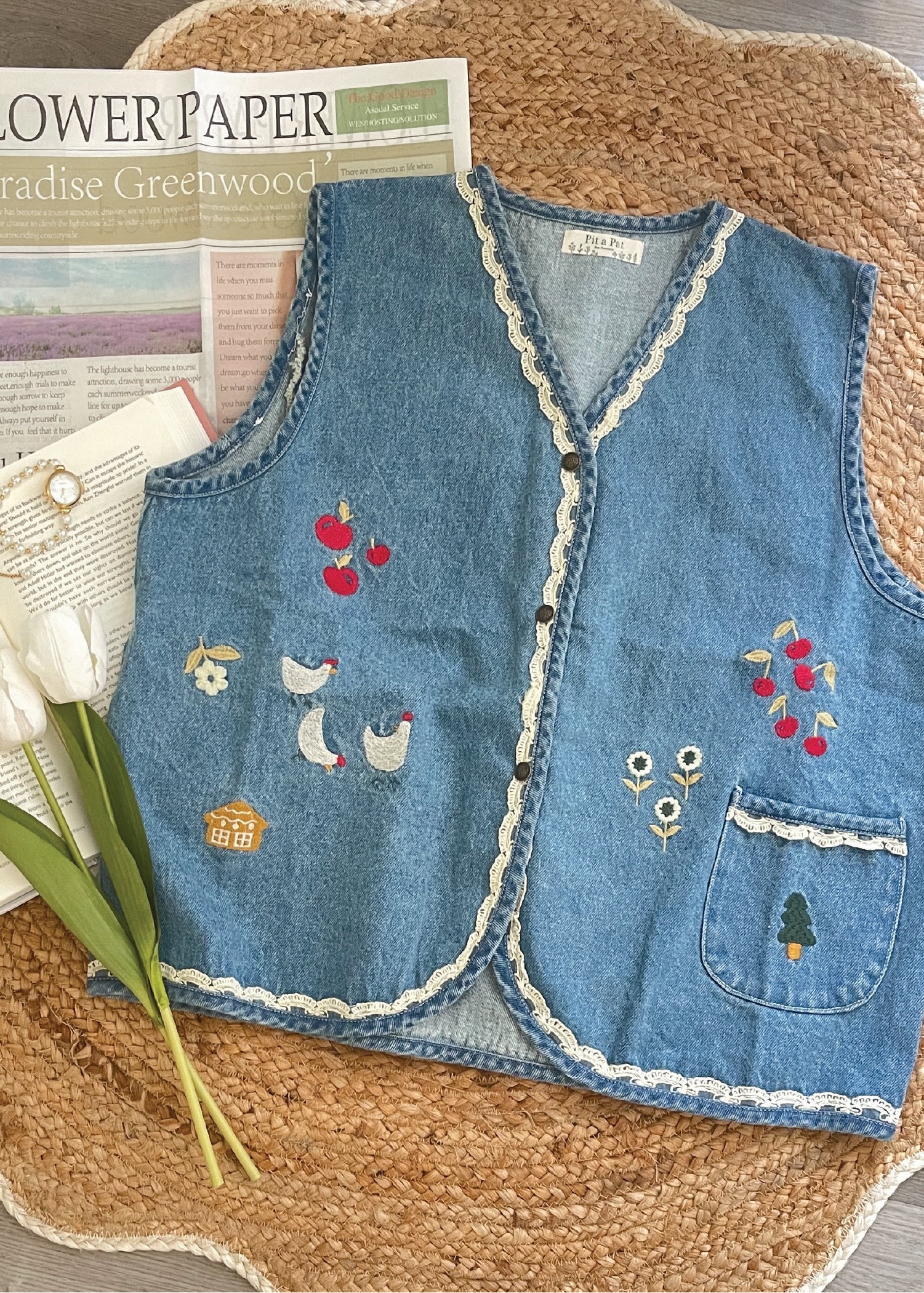 トップス Needles Denim Vest Mushroom Embroidery Women's Cottage Embroidered Denim Vest – Pit a Pat