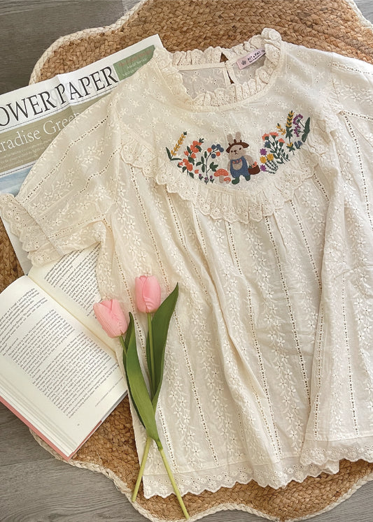 Pit a Pat Women’s Cottage Beige Bunny Embroidered Shirt