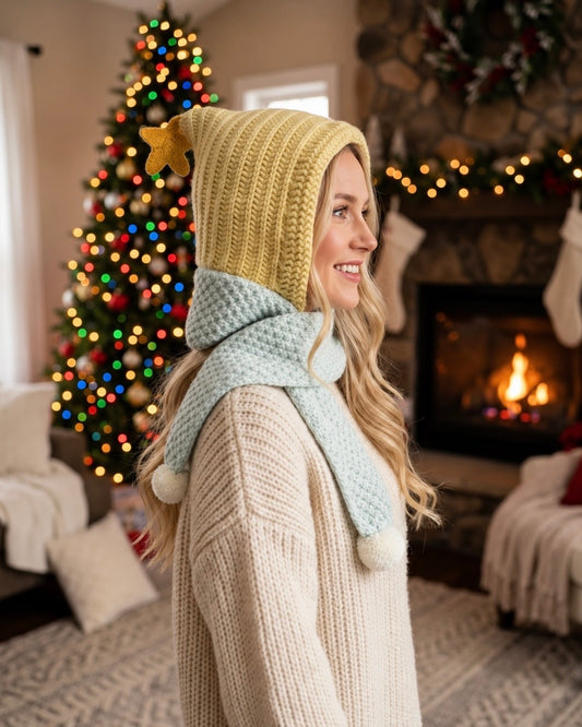 Pit a Pat Little Star Hooded Knit Scarf – Whimsical Fairycore Winter Hat Scarf