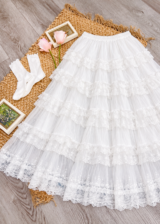 Pit a Pat White Tiered Lace Ruffle Maxi Skirt | Romantic Fairycore Tulle Skirt