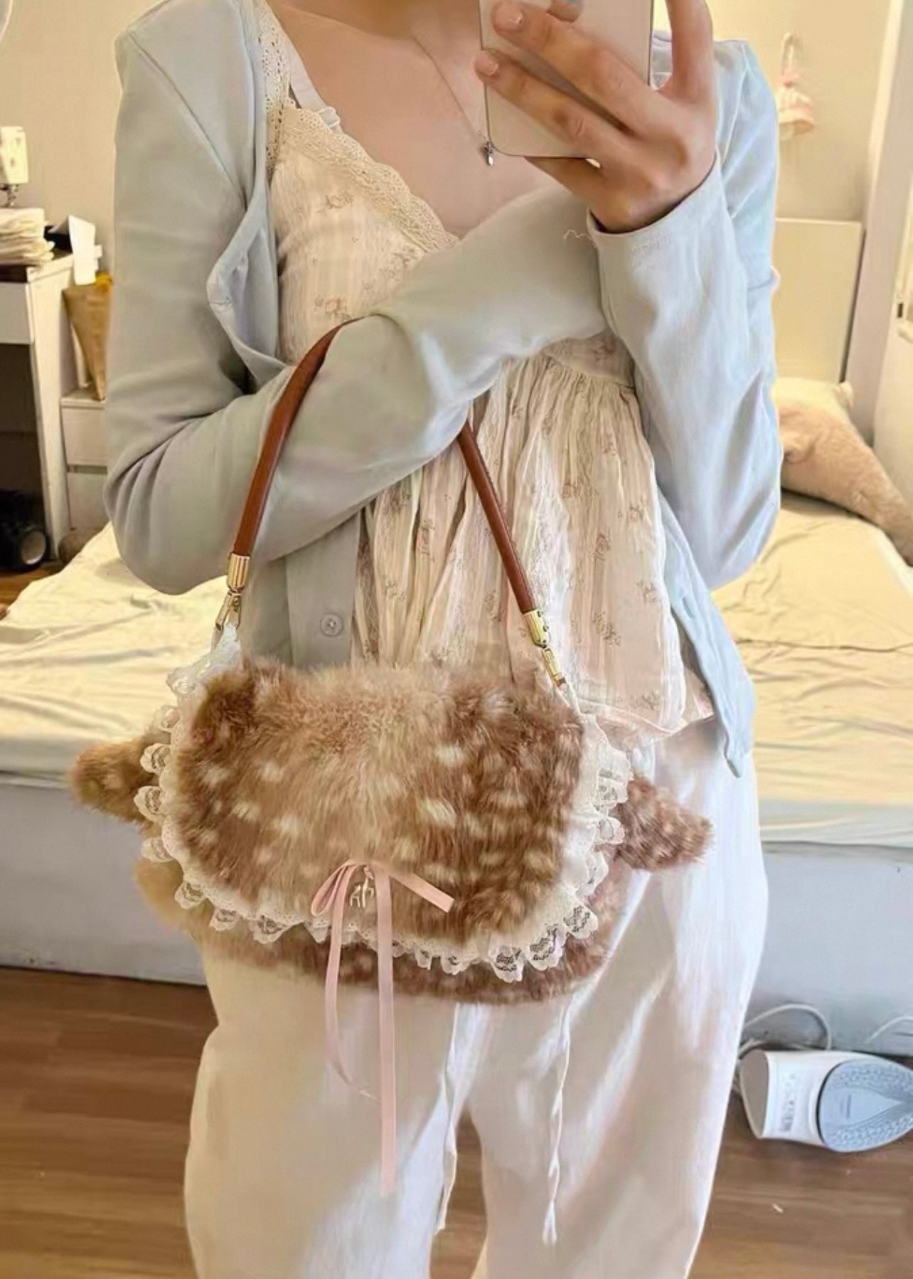 Deer Print Faux Fur Crossbody Bag with Ear Detail