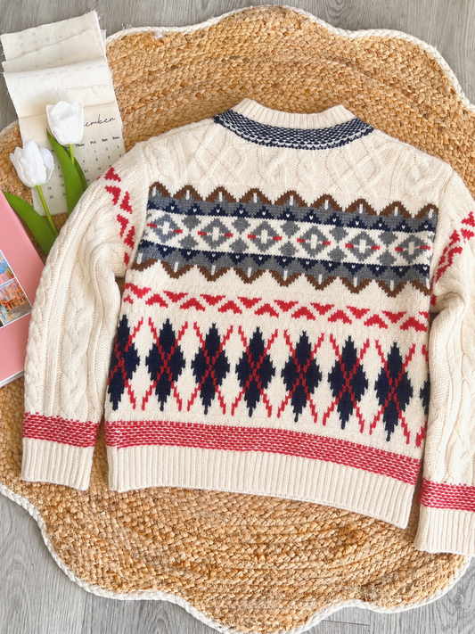 Pit a Pat Vintage Fair Isle Cable Knit Cardigan | Retro Nordic Button-Down Sweater