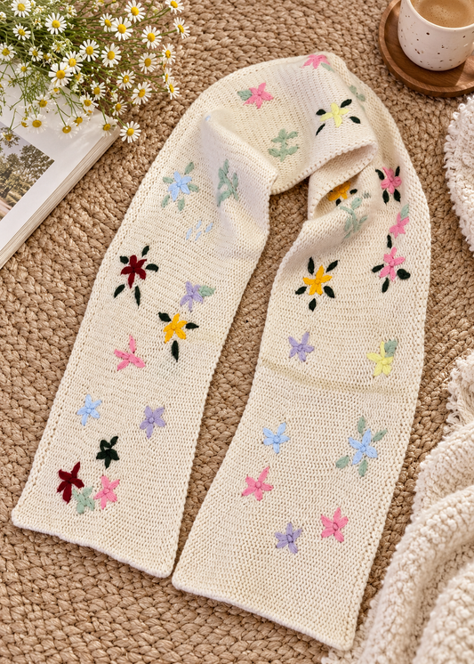 Pit a Pat Wildflower Garden Knit Scarf – Hand-Crocheted Floral Cottagecore Scarf