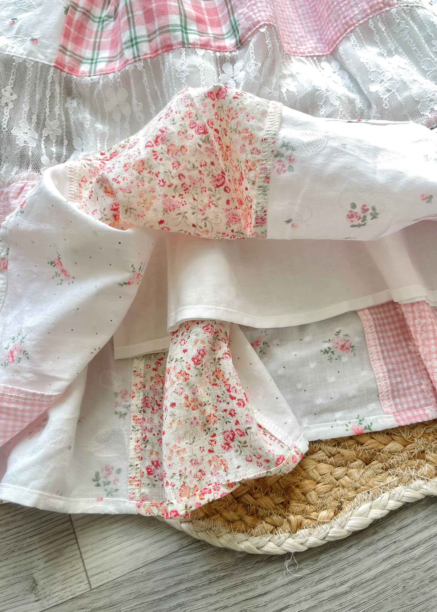 Cottagecore Patchwork Maxi Skirt – Elastic Waist, Mixed Fabric, Vintage-Inspired