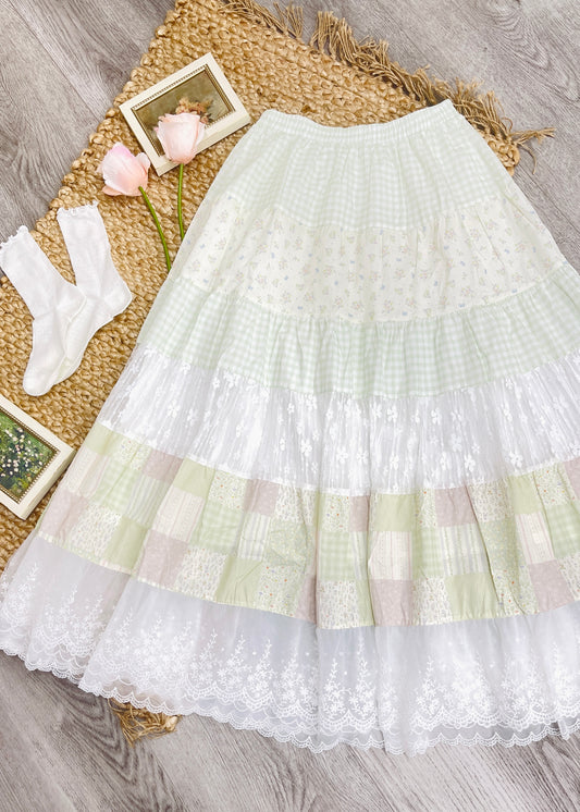 Green Gingham Patchwork Lace Maxi Skirt