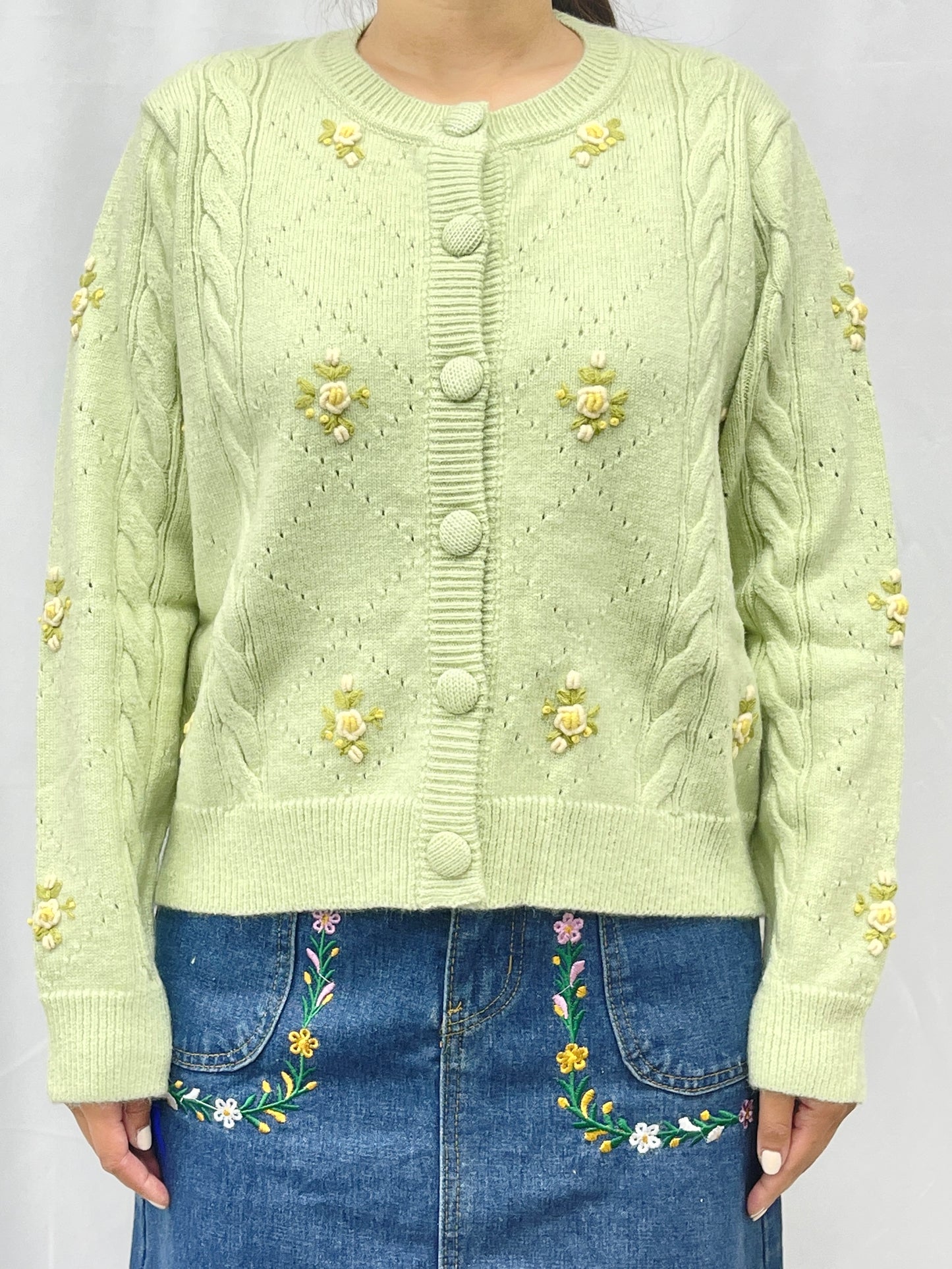 Crochet Rose Cable Knit Cardigan