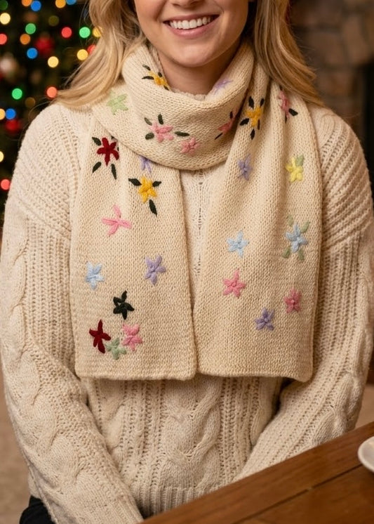 Pit a Pat Wildflower Garden Knit Scarf – Hand-Crocheted Floral Cottagecore Scarf