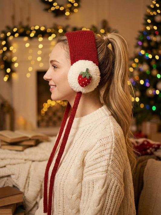 Pit a Pat Strawberry Sweetheart Hand-Knitted Earmuffs – Cozy Cottagecore Winter Ear Warmers