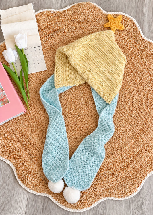 Pit a Pat Little Star Hooded Knit Scarf – Whimsical Fairycore Winter Hat Scarf