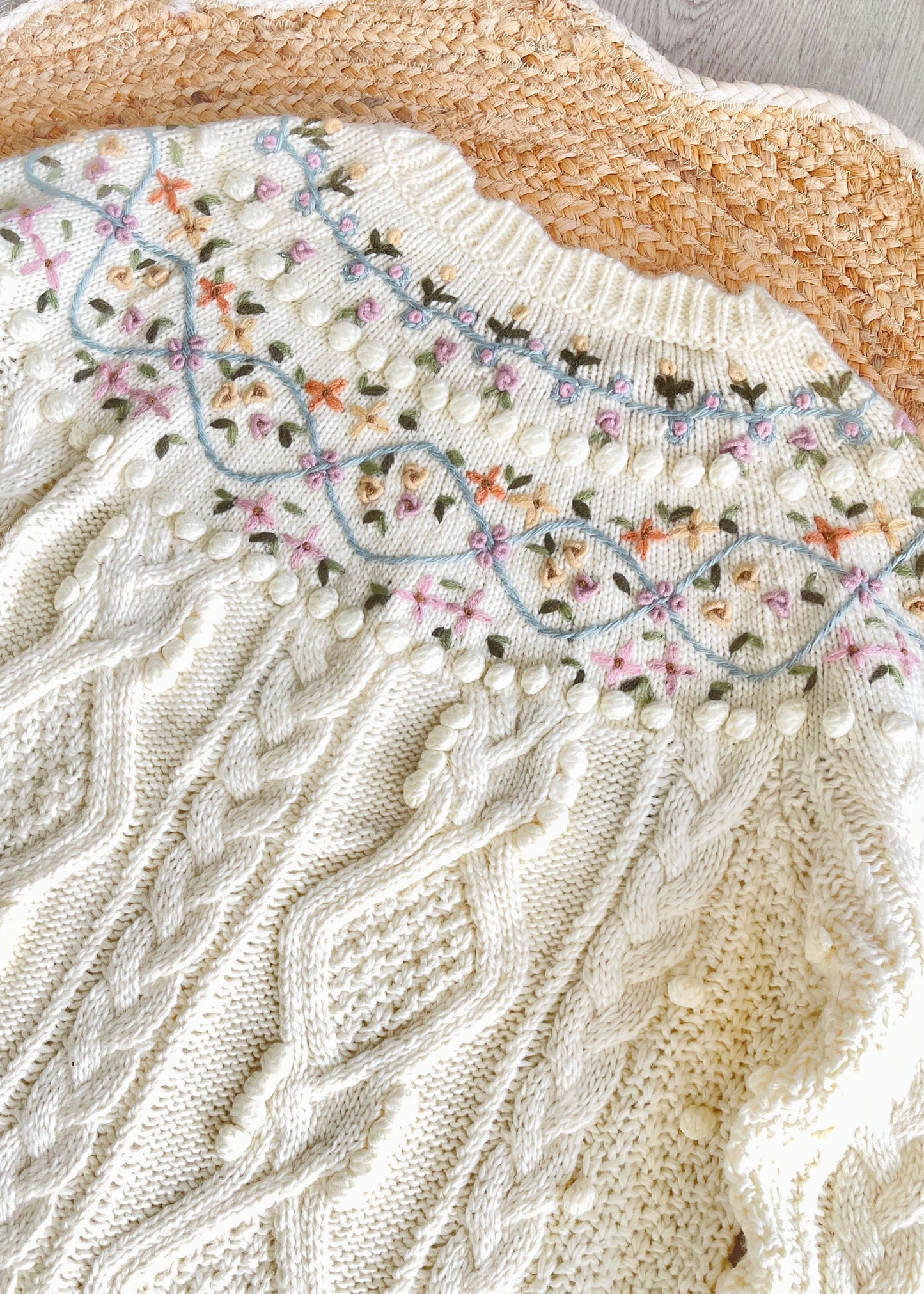 Wishes Come True Wool Cable Knit Cardigan with Crochet Flowers