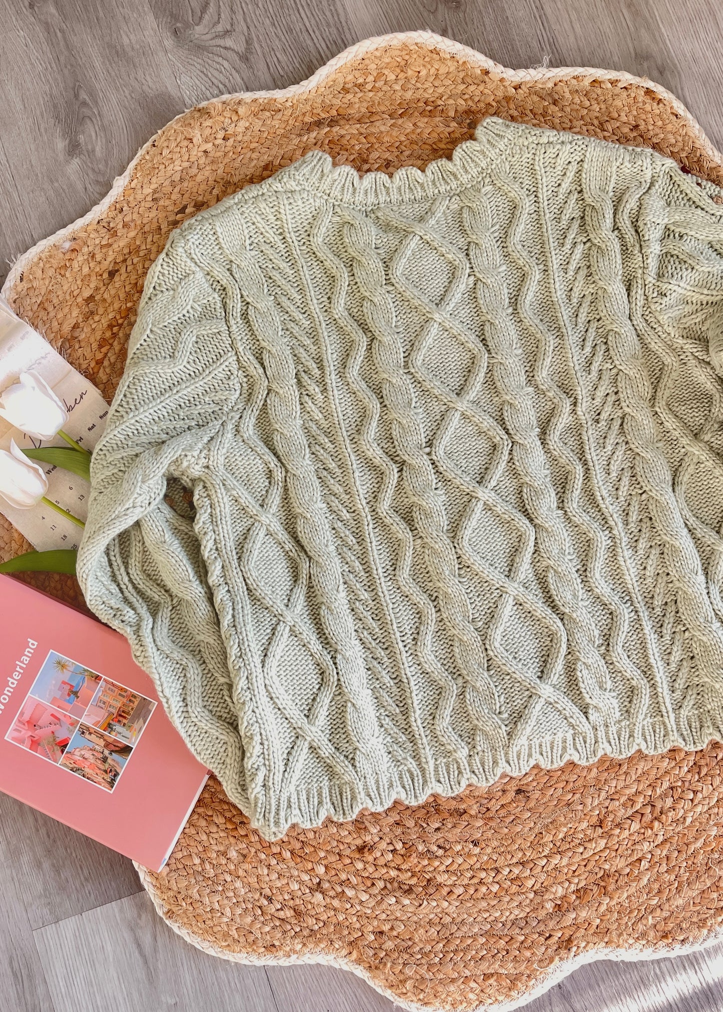 Forest Green Cable Knit Cardigan with Crochet Flowers