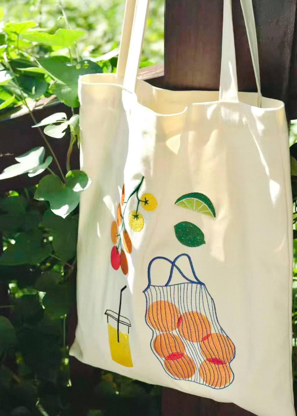 Embroidered Fruit Canvas Tote Bag