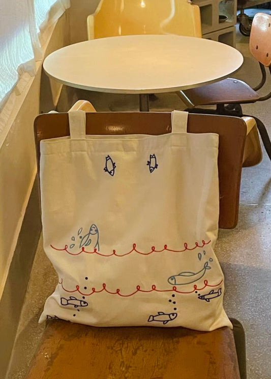Blue Ocean Embroidered Canvas Tote Bag