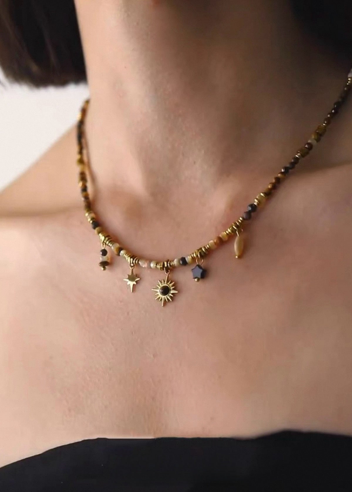 Celestial Beaded Necklace with Five Small Pendants