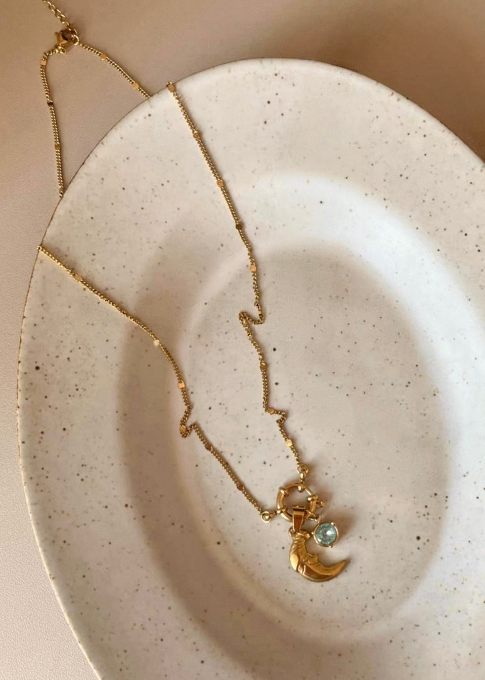 Moon Pendant Necklace with Blue Gem Accent