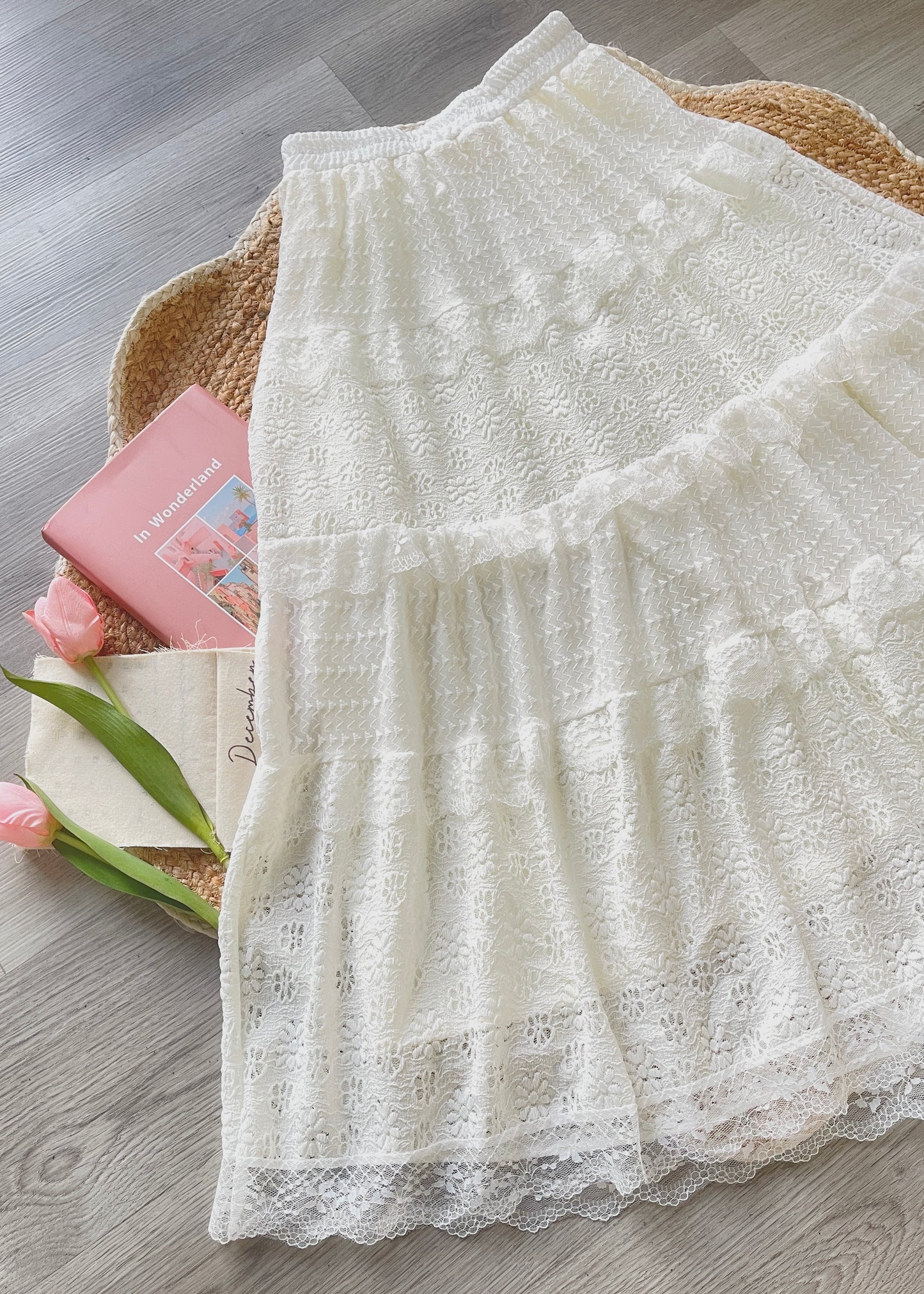 Fairycore Cream Lace Floral Maxi Skirt