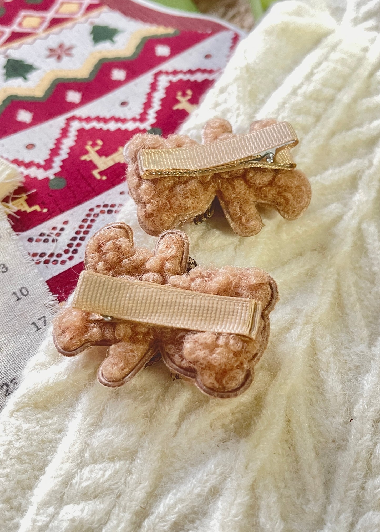 Brown Sheepa Texture Bear Hair Clips – Cute Fuzzy Bear Clips with Mini Bow Tie