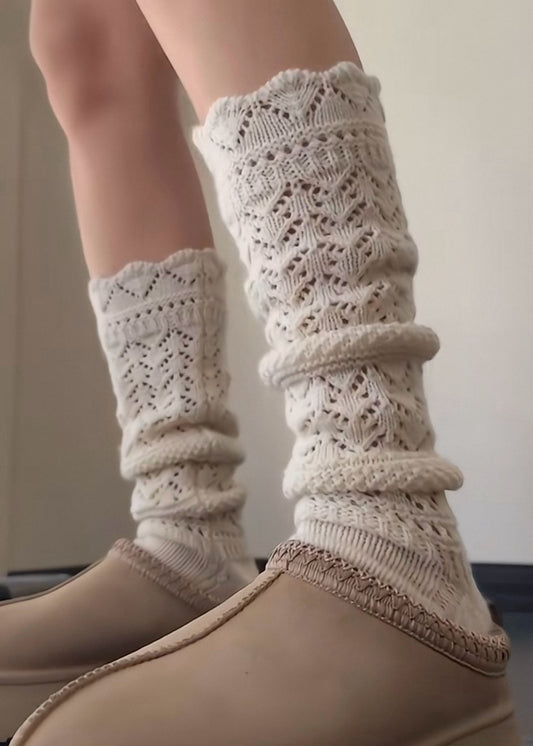 Cream Knit Pointelle Tall Socks – Cozy Winter Leg Warmers, One Size