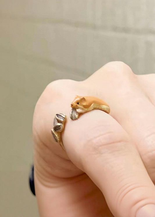 Squirrel & Seeds 3D Resin Ring – Handmade Enamel Gold-Plated Adjustable Ring
