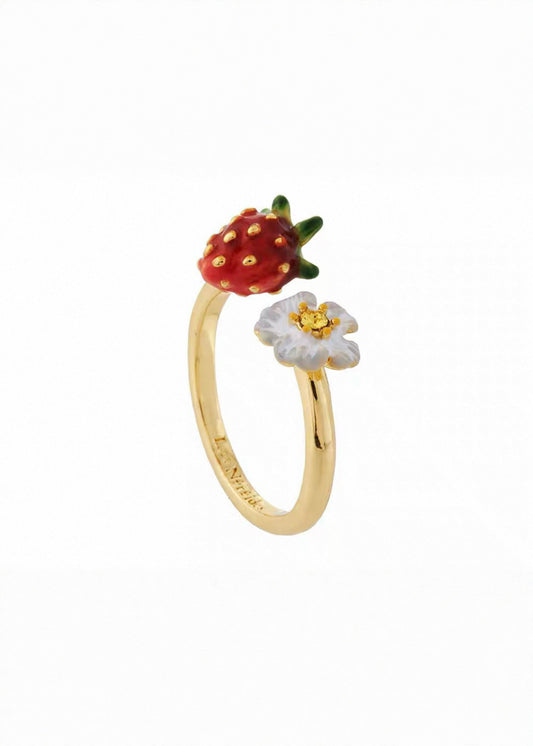 Strawberry & Daisy 3D Resin Ring – Handmade Enamel Gold-Plated Adjustable Ring