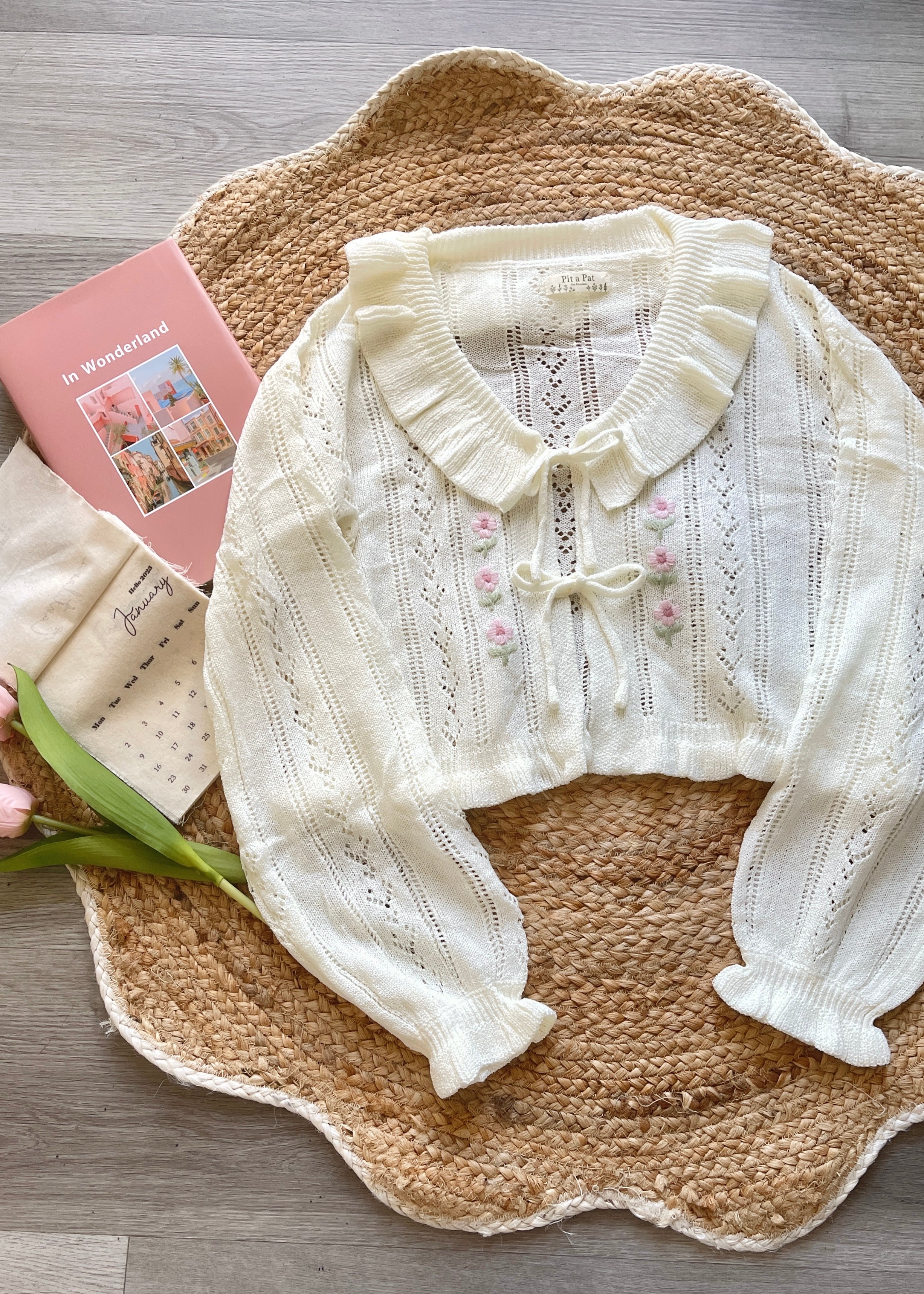 Women's Cream Ruffle Tulip Crochet Knit Cardigan | Cottagecore Bow
