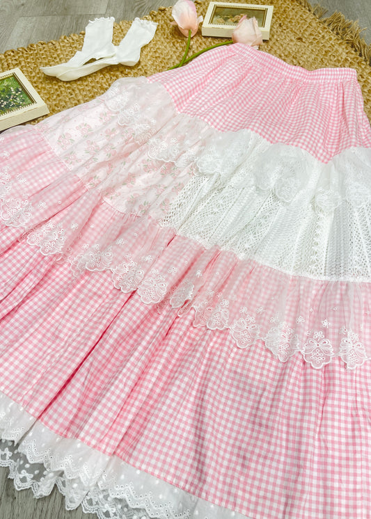 Pink Gingham Rosy Patchwork Lace Maxi Skirt | Cottagecore Tiered Floral Skirt