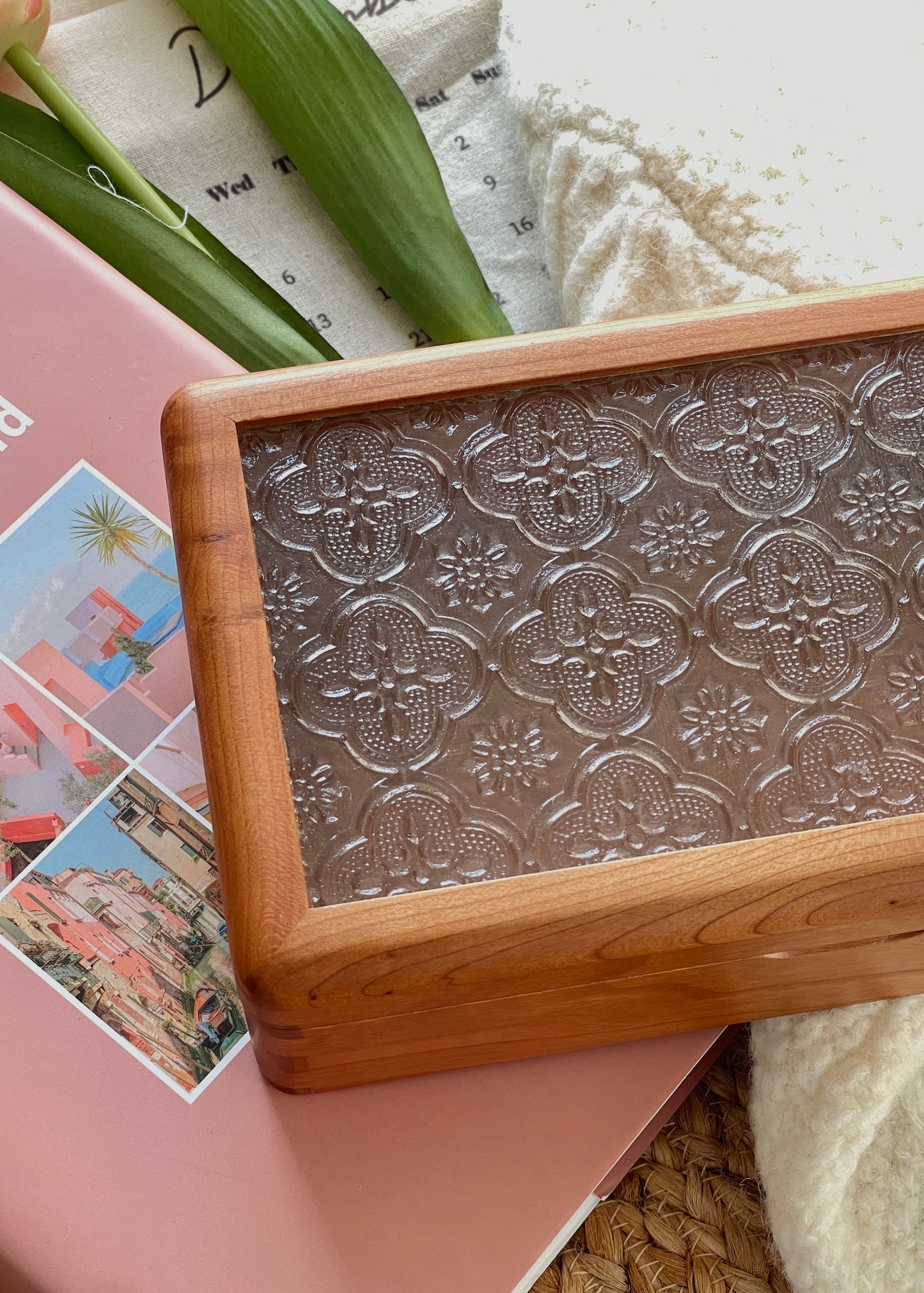 Wooden box with embossed design
