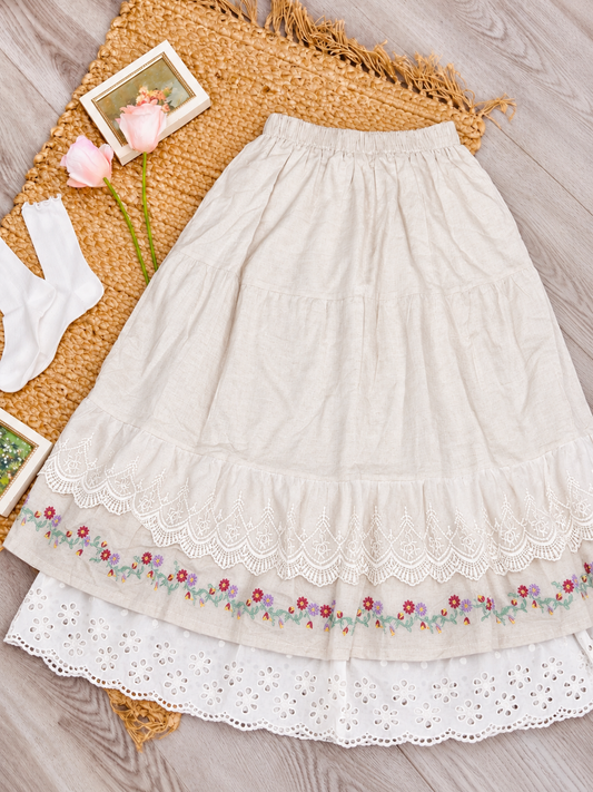 Pit a Pat Cream Floral Embroidered Maxi Skirt | Cottagecore Tiered Lace Skirt