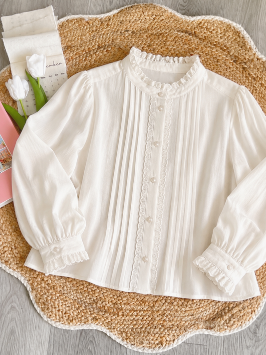 Pit a Pat White Pintuck Lace Cotton Blouse | Vintage Ruffle Neck Cottagecore Top