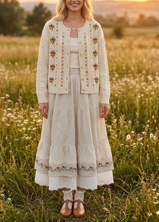 Pit a Pat Cream Floral Embroidered Maxi Skirt | Cottagecore Tiered Lace Skirt