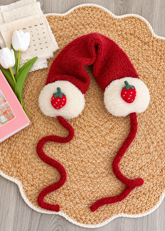 Pit a Pat Strawberry Sweetheart Hand-Knitted Earmuffs – Cozy Cottagecore Winter Ear Warmers