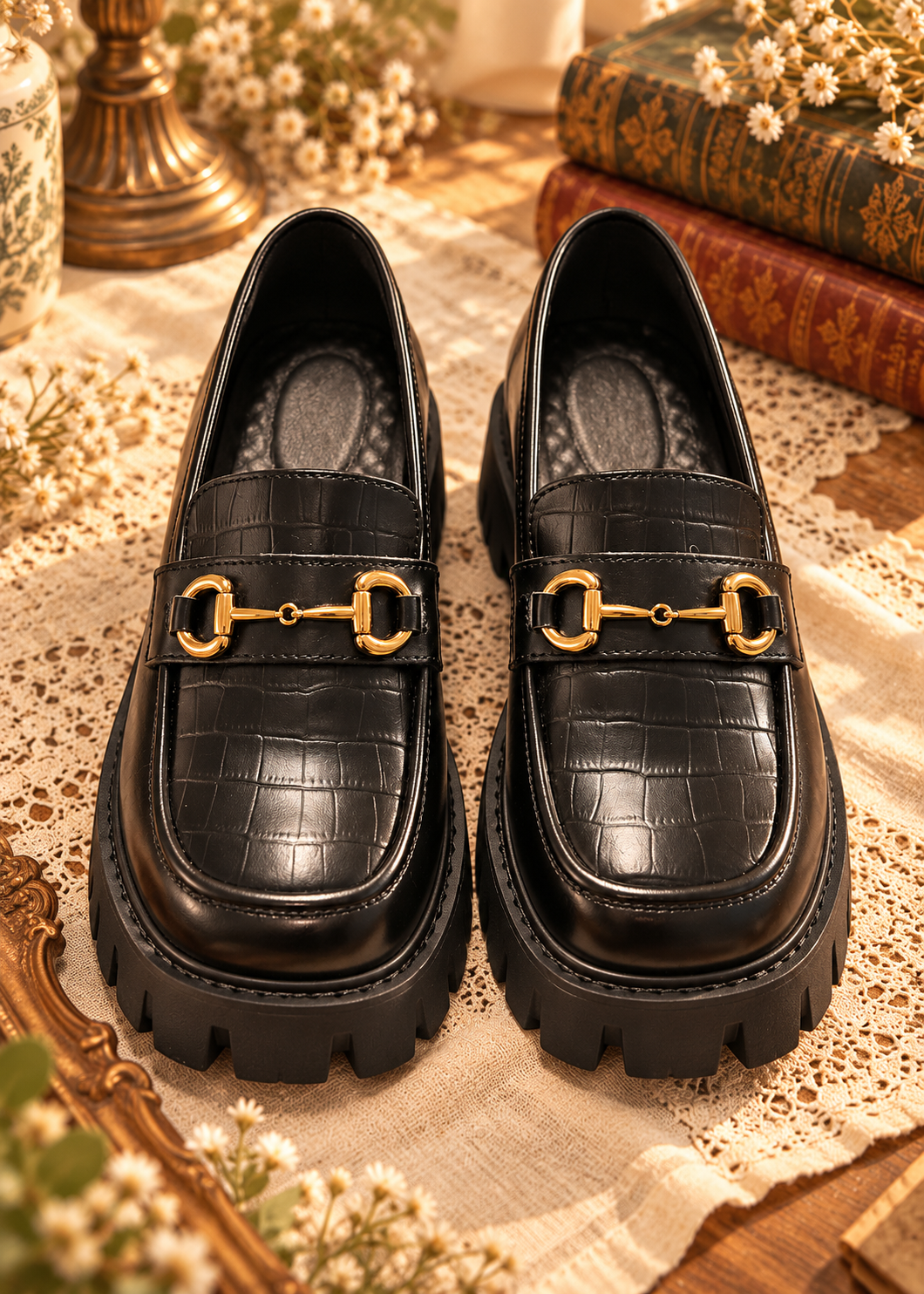 Pit a Pat Vintage Croc-Embossed Chunky Platform Loafers
