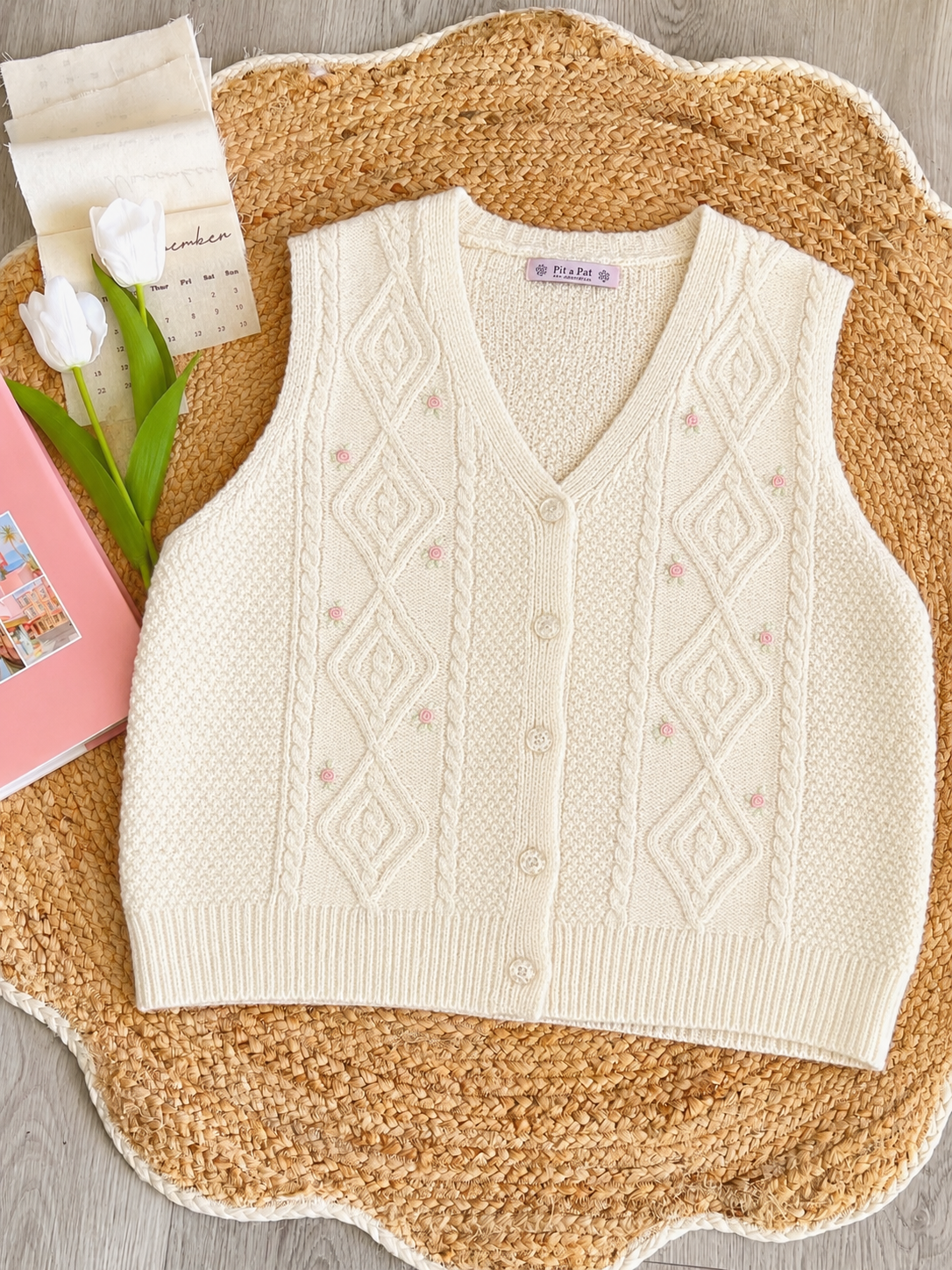 Pit a Pat Rosie Heirloom Cable Knit Vest – Hand-Crocheted Floral Cottagecore Cardigan