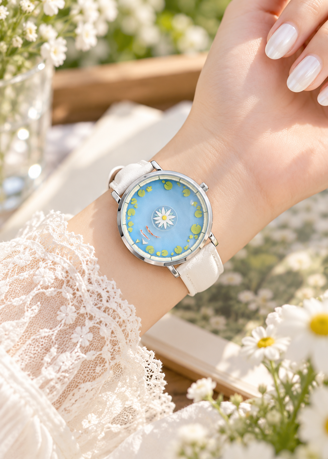 Pit a Pat Daisy Pond Watch – Blue Floral Dial White Strap Cottagecore Watch