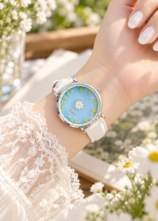 Pit a Pat Daisy Pond Watch – Blue Floral Dial White Strap Cottagecore Watch