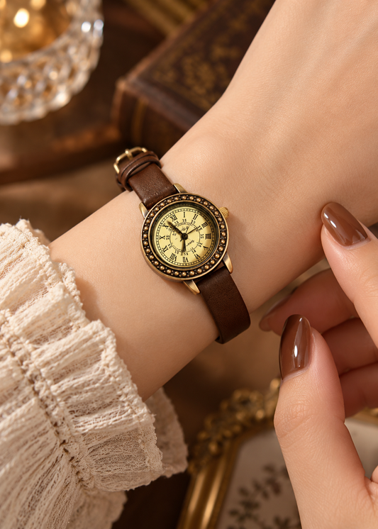 Pit a Pat Vintage Antique Gold Roman Numeral Watch – Brown Leather Strap Women's Watch