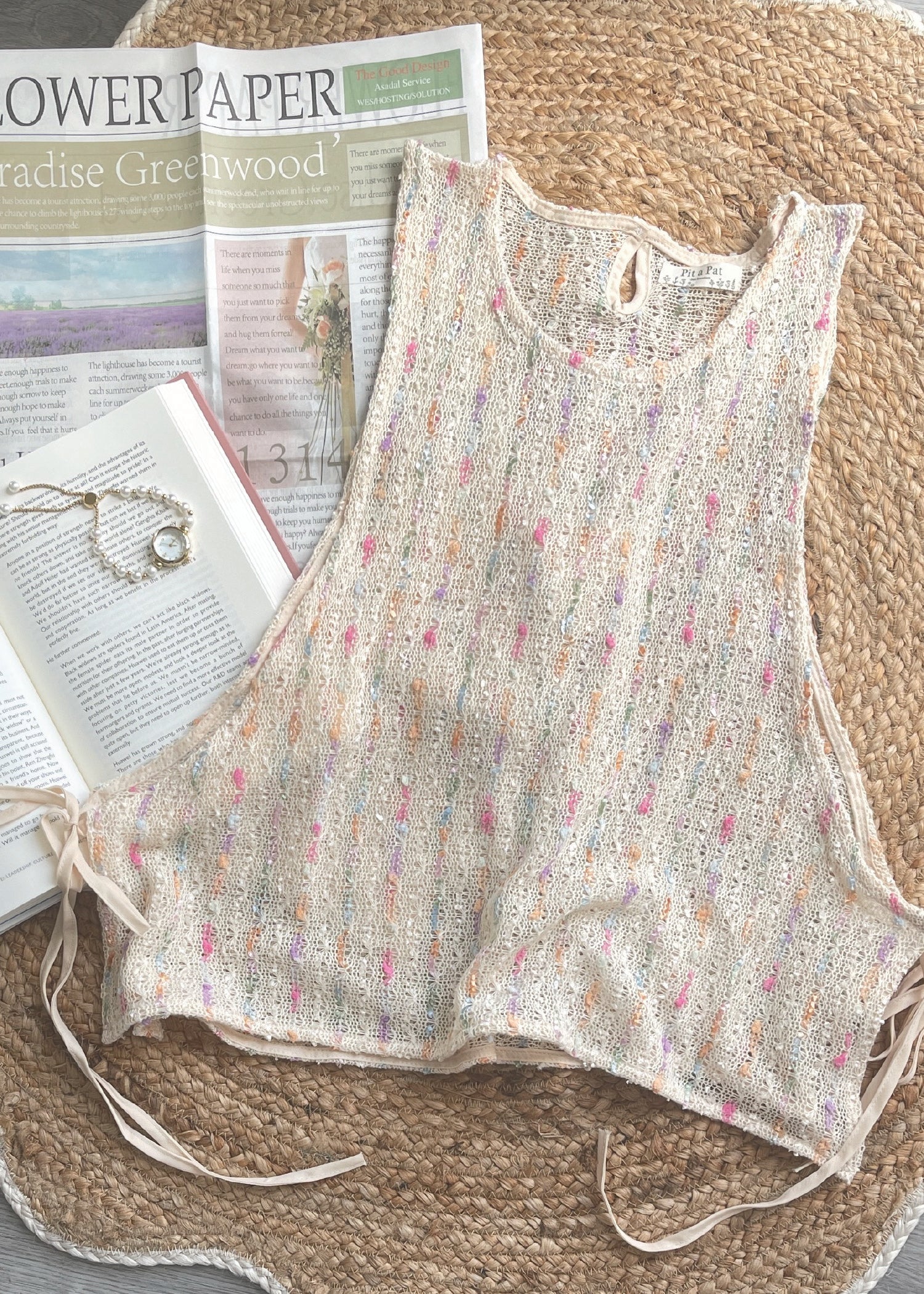 Pit a Pat Women's Cream Knit Tank Top with Adjustable Tie-Up Sides