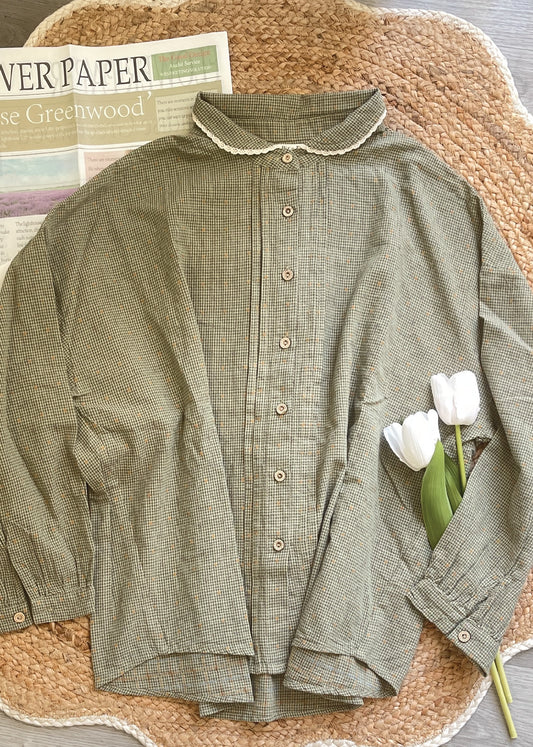 Pit a Pat Women’s Green Plaid Lace-Trim Button-Up Shirt