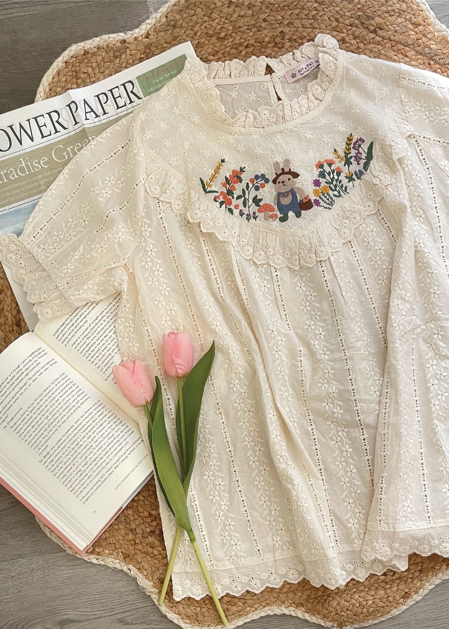 Pit a Pat Women’s Cottage Beige Bunny Embroidered Shirt