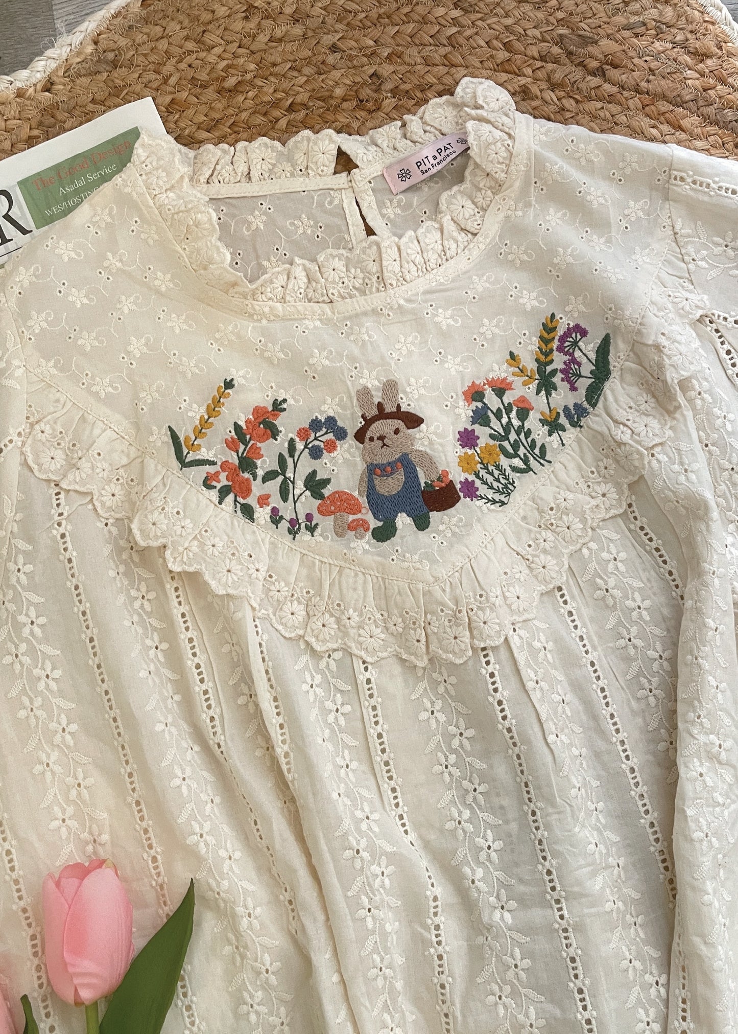 Pit a Pat Women’s Cottage Beige Bunny Embroidered Shirt