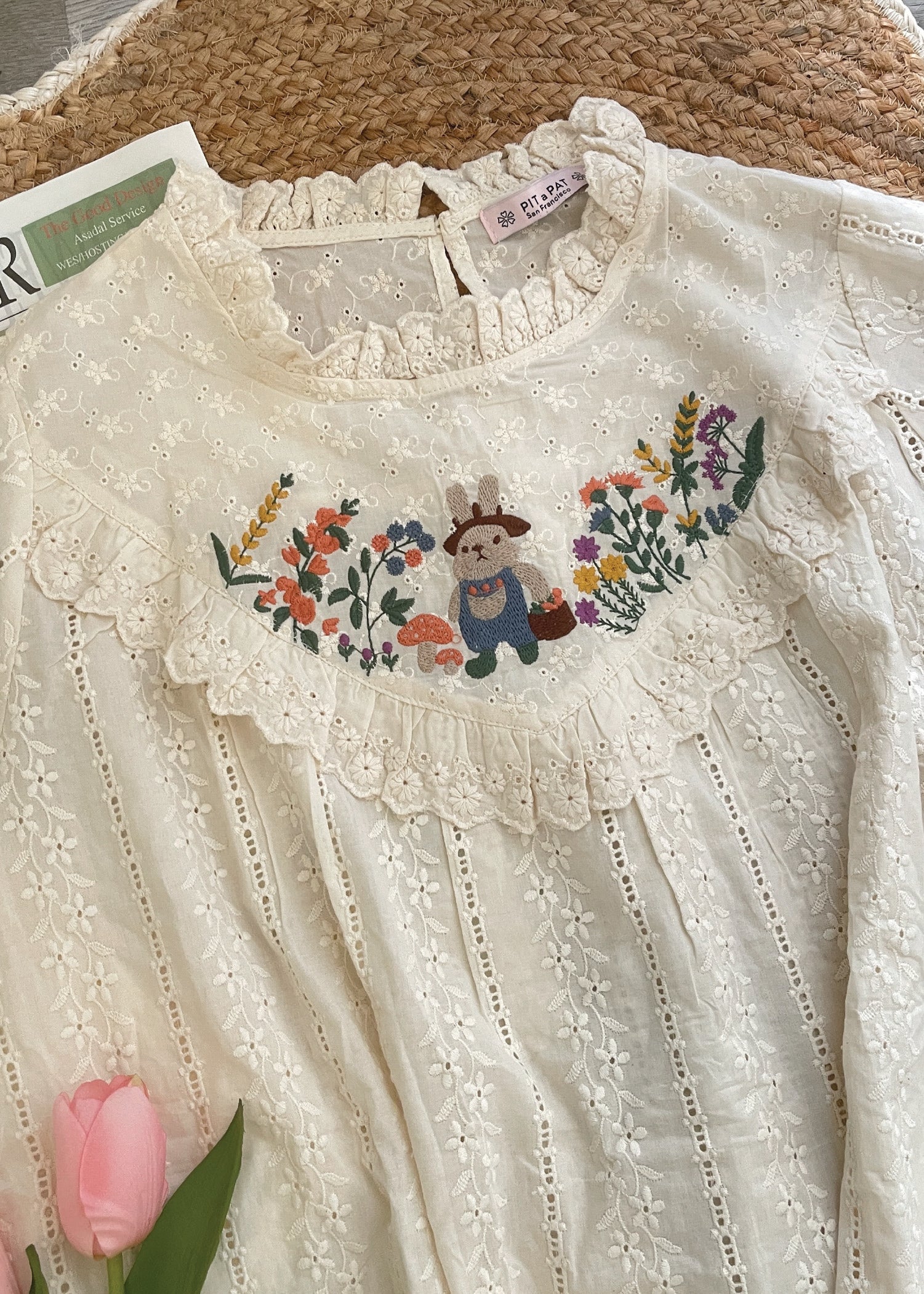 Pit a Pat Women’s Cottage Beige Bunny Embroidered Shirt