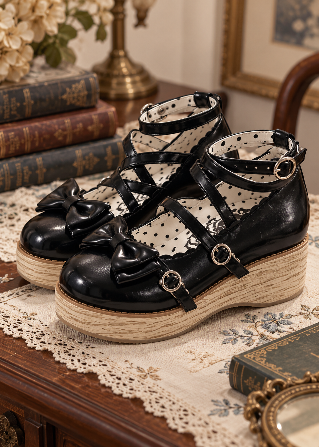 Pit a Pat Romantic Lolita Bow Lace-Up Wedge Mary Jane Shoes