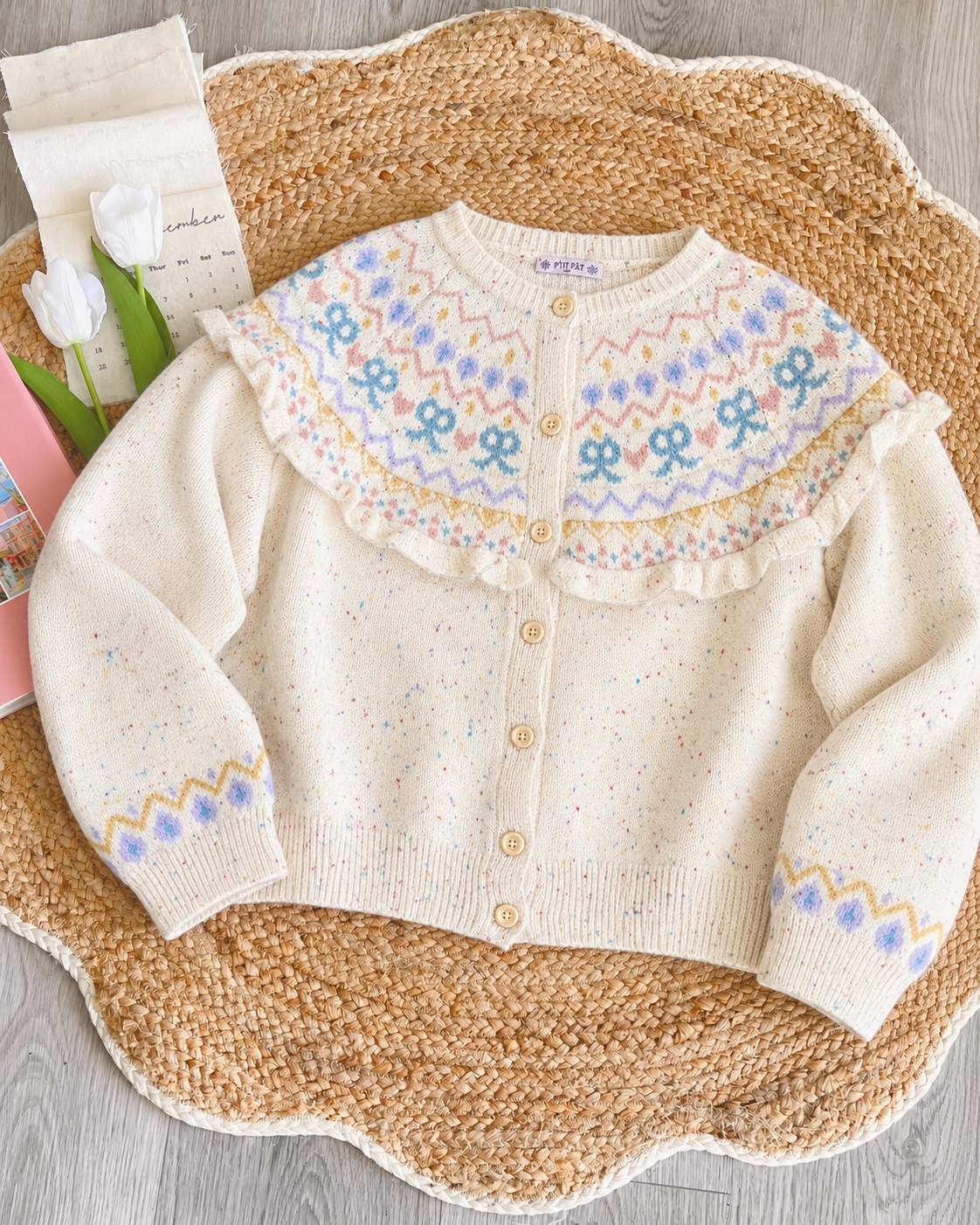 Pit a Pat Pastel Fair Isle Ruffle Knit Cardigan | Cottagecore Wool Sweater