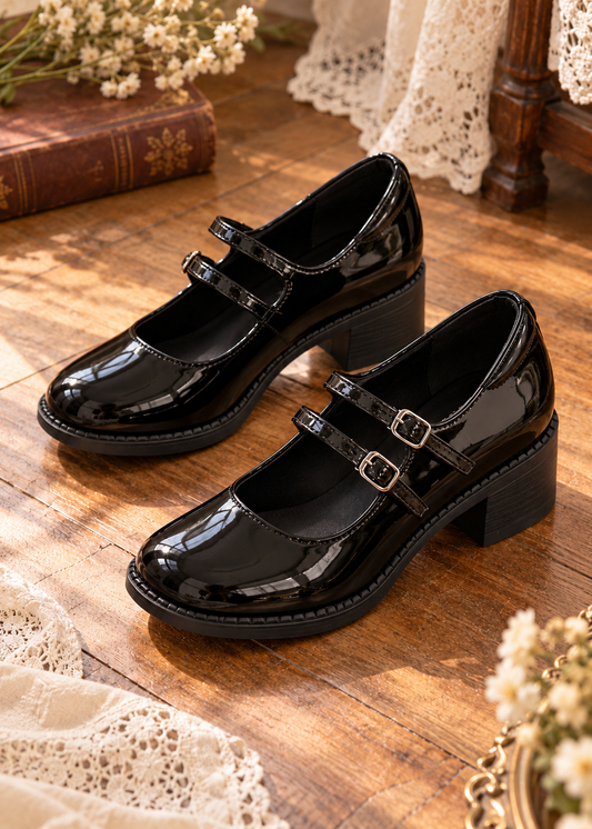 Pit a Pat Vintage Glossy Double Strap Chunky Heel Mary Jane Shoes