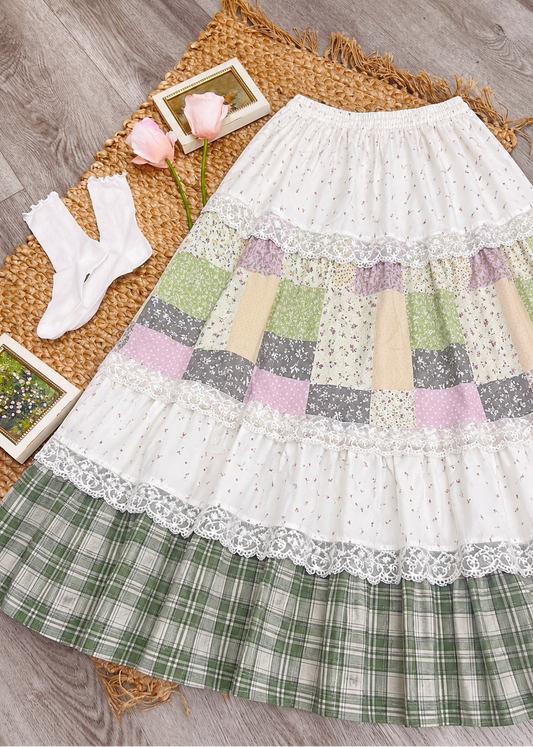 Pit a Pat Green Plaid Patchwork Maxi Skirt | Cottagecore Floral Lace Tiered Skirt