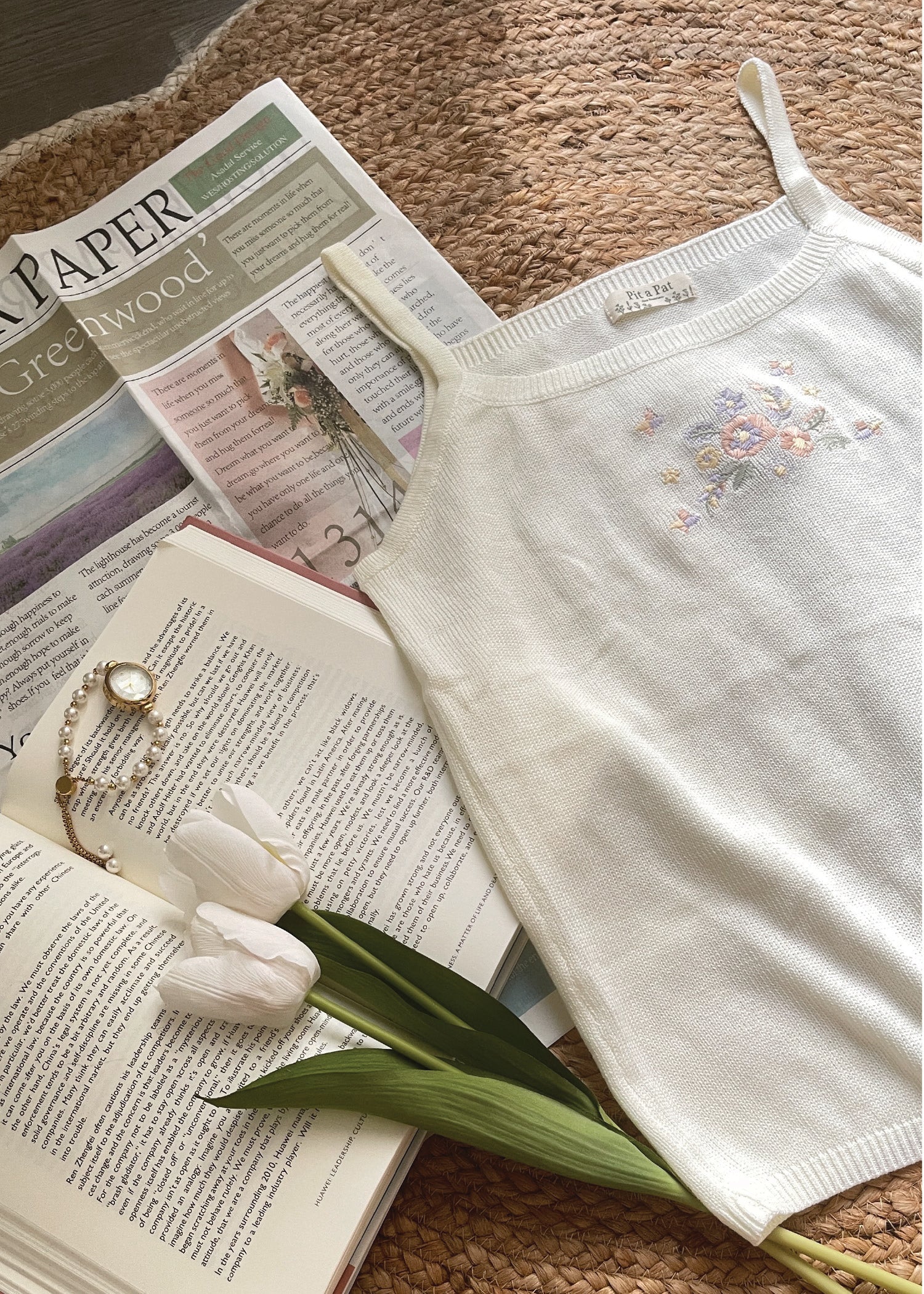 Pit a Pat Women's White Knit Cami with Floral Embroidery