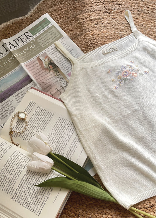 Pit a Pat Women's White Knit Cami with Floral Embroidery