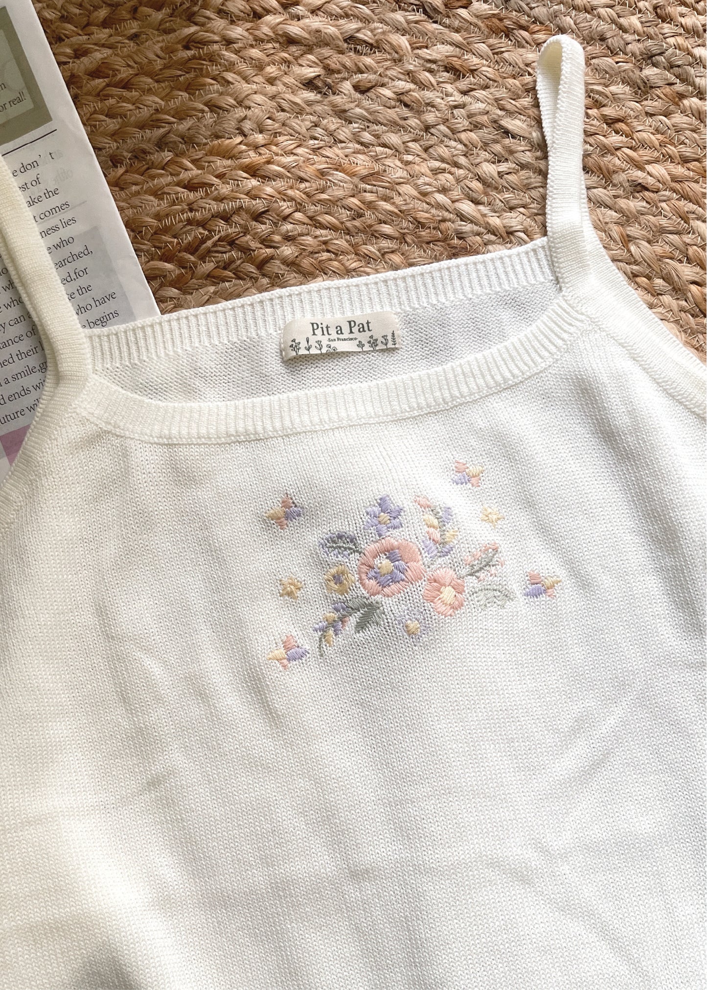Pit a Pat Women's White Knit Cami with Floral Embroidery