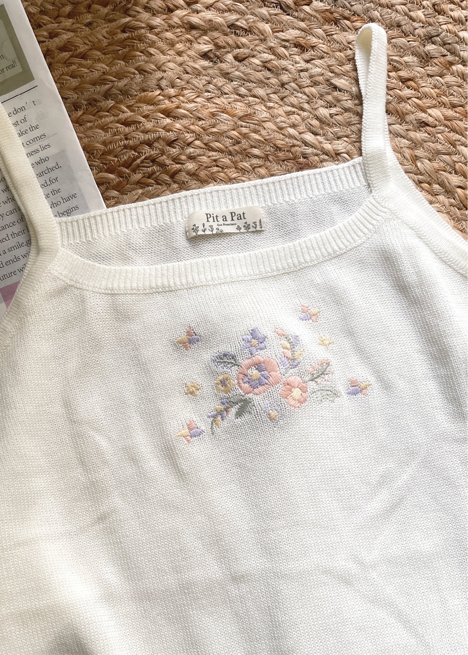 Pit a Pat Women's White Knit Cami with Floral Embroidery