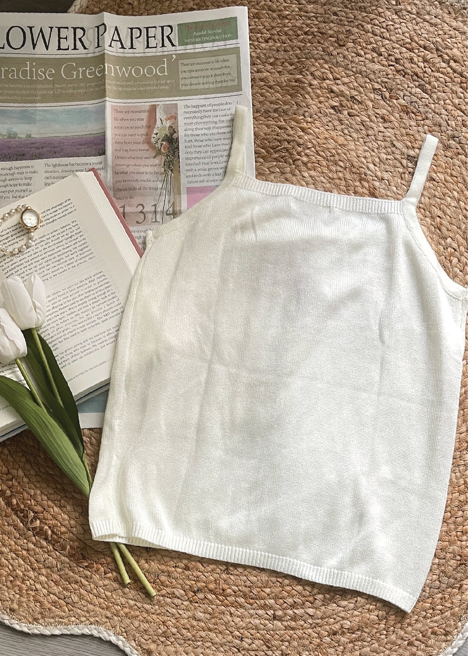 Pit a Pat Women's White Knit Cami with Floral Embroidery